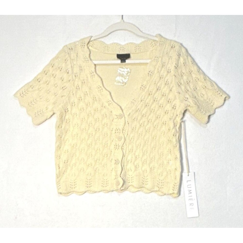 Lumière NWT Pointelle L ButtonUp Cream Crop Cardigan Sweater Open Knit Scalloped